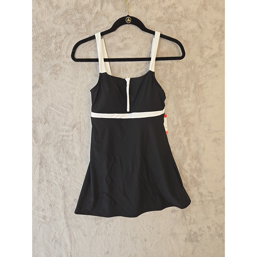 Lands' End Women's Zip Front Swim Dress Suit Size XS Black & White Bathing Suit